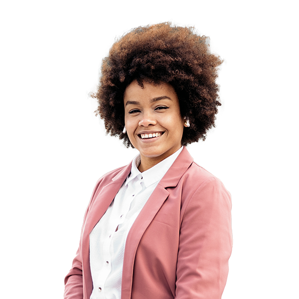 Afro girl with her pink jacket similing